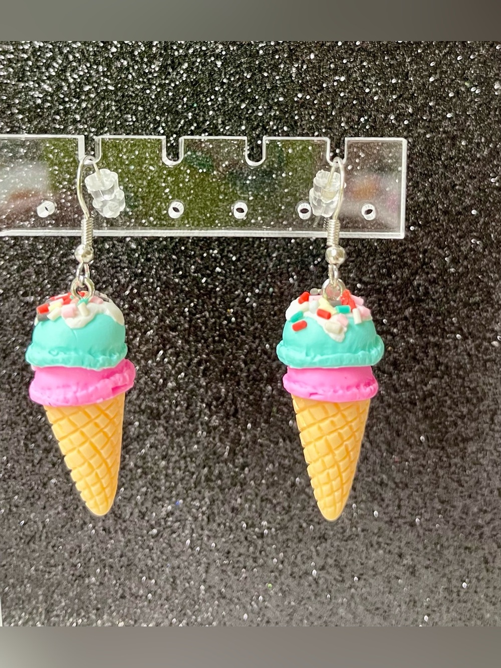 Pink & Teal Ice Cream Cone Dangle Earrings